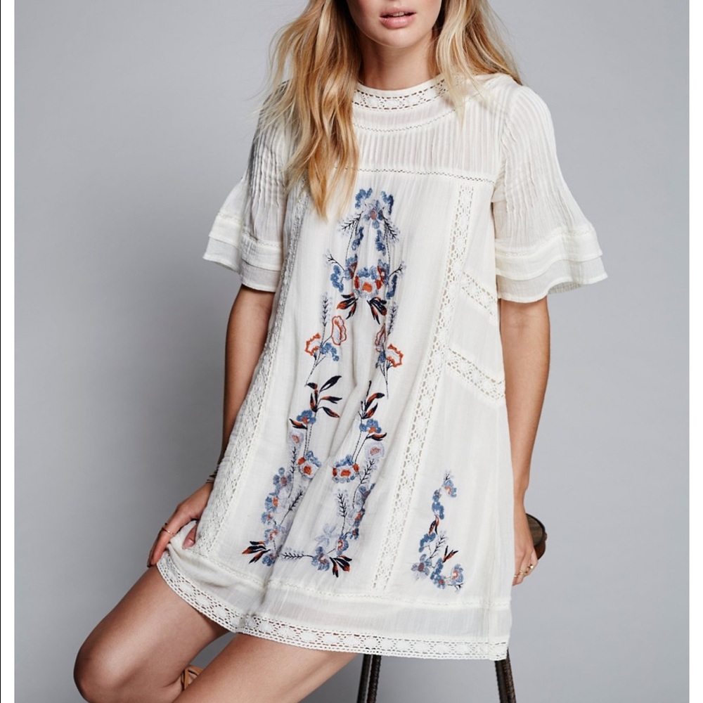 Free People White and Blue Embroidered Mini Dress